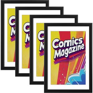 eletecpro Comic Book Frame, 4 Pack 8x12 Picture Magazine Frames with Black White Double-sided Mat, Fits Current Single Comic Book up to 6 3/4" x 10 1/4", Wall Mount or Tabletop Display, Black