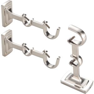 Set of 3, Hardware Curtain Rod Brackets for 3/4" or 1" Rods, Brushed Nickel Wall Curtain Rod Hooks, Adjustable Double Bracket Curtain Rod Holder