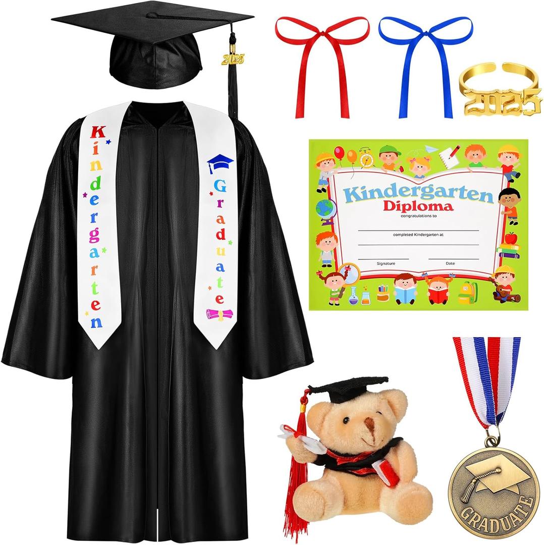 Capoda 9 Pcs 2025 Kids Kindergarten Graduation Cap Gown with Tassel Diploma Pre K Grad Dress Costume for Preschool Child (Medium)