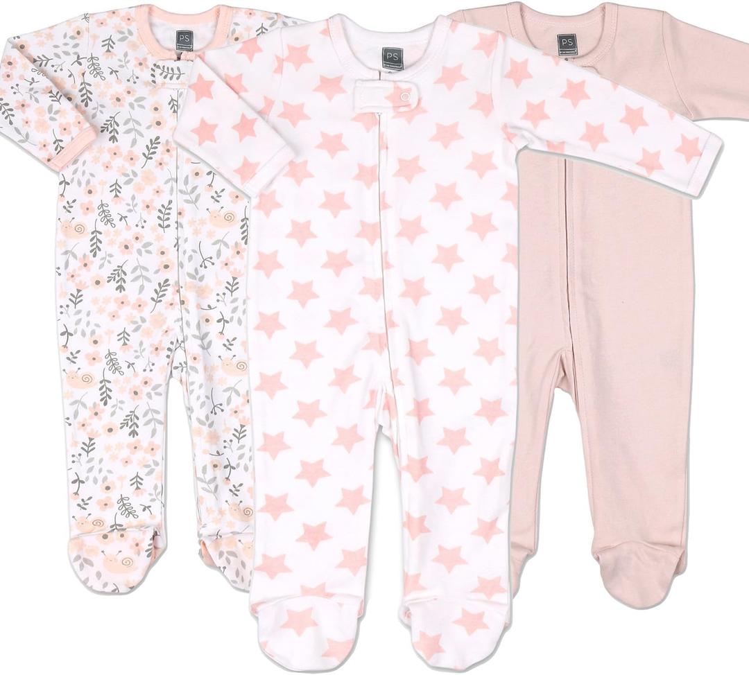 The Peanutshell Baby Sleepers for Girls Set of 3 - Soft Cotton Footed Pajamas for Newborns, Infants & Toddlers - Flower