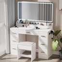 Vanity Desk with Mirror and LED Lights, 43'' W Makeup Vanity Desk with Power Outlet, 3 Color Modes, 7 Drawers Vanity Table with Chair, Dressing Table for Bedroom, Dressing Room (White), Large