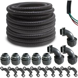 (1/2" Dia * 50 Feet) Yariwiz Black Special Extra Flexible Electrical Conduit Liquid Tight PVC Conduit Kit with 5 PCS Coupling, 3 PCS Elbow and 10 PCS Strap, Sealtight Seal Flex Liquidtight Wire