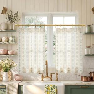 Lino Rosa Cafe Curtains 24 Inch Length,Sheer Short Linen Curtains for Boho Kitchen Bathroom Window Decor,Sage Green and Cream