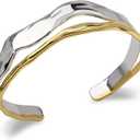 Chunky Gold and Silver Cuff Bracelets Sterling Silver Two Tone Open Bangles Double Layer Irregular Wave Hammered Texture Bracelet for Women