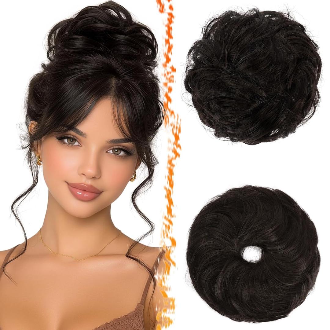 BARSDAR 2 PCS Dark Brown Messy Bun Hair Piece - Elastic Dark Brown Messy Hair Bun Scrunchies for Women - Thick Soft Synthetic Large Fluffy Donut Updo Hair Extensions Chignons Hairpieces Daily