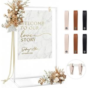 Wedding Welcome Sign Stand, 50" Standard Height - White Metal Sign Holder with 6 Leather Straps, Easel Stand for Seating Charts & Event Décor