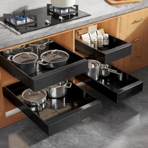 Seinloes 4 Pack Expandable Pull Out Cabinet Organizer 21" Deep with Raising Pad for Framed Cabinets, Upgrade 3 Slide Rails Slide Out Drawers, Roll Out Shelves Adhesive, Adjustable Width 9"-14.1" Black