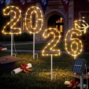 Fumete 4 Pcs Solar 2026 Grad Lights Outdoor Graduation Decorations Yard Sign Stakes Light up Numbers Letters for Graduation Party Lawn Garden Decor(2026)