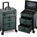 Adazzo Professional Rolling Makeup Train Case with Drawers, Makeup Case on Wheels, Nail Tech Rolling Cart Storage Organizer Trolley Make up Case for Travel Makeup/Nail Art/Hair Styling, Dark Green