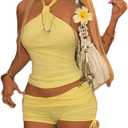 Sexy 2 Piece Sets for Women Going Out Stretchy Halter Neck Top and Shorts Sets Women 2 Piece Outfits 2025 (Yellow, L)