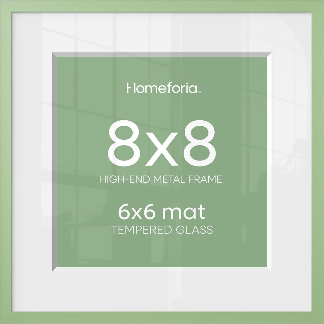 Homeforia 8x8 Sage Green Frame, High End Metal 8 x 8 Square Picture Frames with Mat 6 by 6 Photo, 8x8 Display Frame Matted to 6x6 Print, 8by8 Wall or Tabletop Frames, Tempered Glass, Wall Kit, Set of 1