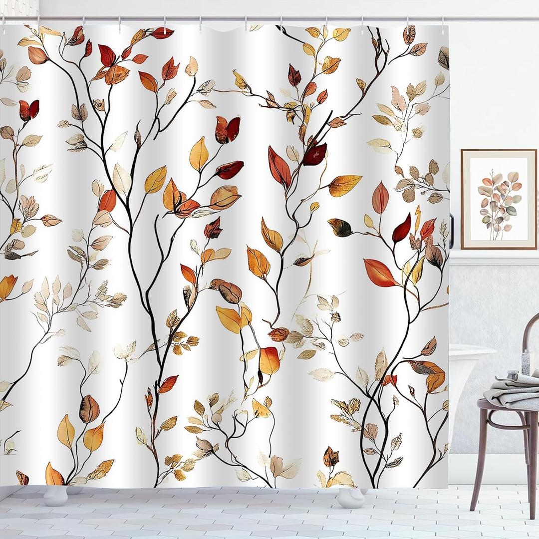 Brown Eucalyptus Leaves Shower Curtain Beige Orange Leaf Floral Shower Curtains for Bathroom Waterproof Polyester Fabric Bath Curtain 72 x 72 Inch with 12 Hooks