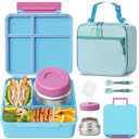 Kids Bento Lunch Box with Thermos, Leakproof Toddler Bento Box with 9 OZ Insulated Food Jar, Lunch Bag & Utensils 3 or 4 Compartment Container for School Girls Boys