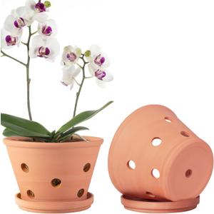 8-inch Terracotta Orchid Pots with Holes and Saucers, 2 Pack Clay Orchid Planter Pots for Repotting, Large Terra Cotta Orchid Pot, Plant Flower Pots for Orchid Indoor Outdoor Promotes Air Circulation