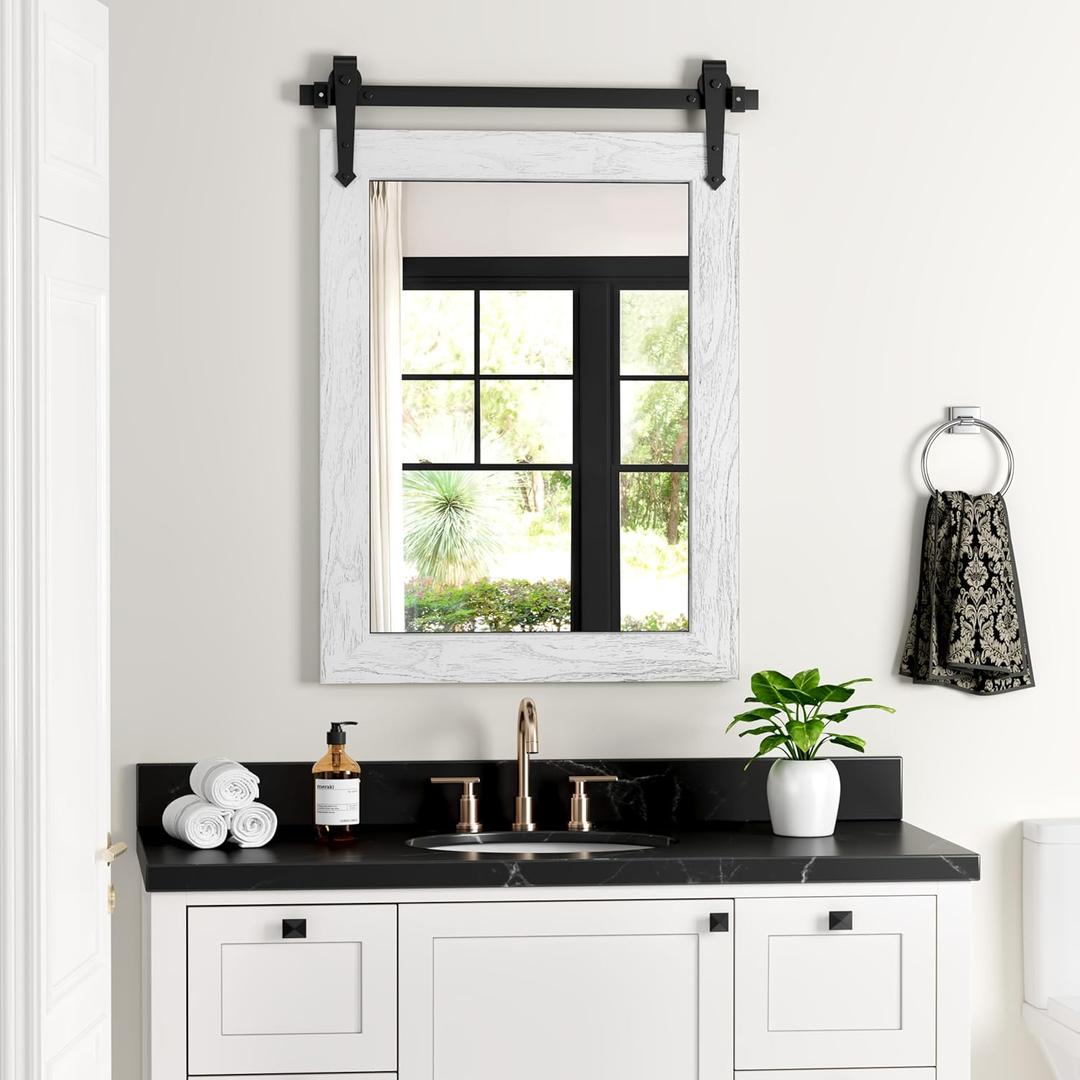 Farmhouse Bathroom Mirror for Over Sink 22*32, Barn Door Mirror, Rustic Wall Mirror for Bathroom White, Living Room, Entryway