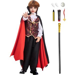 Fooecor Boys Vampire Costume - Scary Halloween Party, Teeth, Cane & Cosmetic Kit Included (Medium (8-10yr)