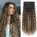 LONAI 4PC Clip in Hair Extensions, 100％ Pure Protein Silk Curly Hair Extension for Women, 26 Inch Long Soft Natural Hair Extensions-Medium Brown Ash Blonde Highlight
