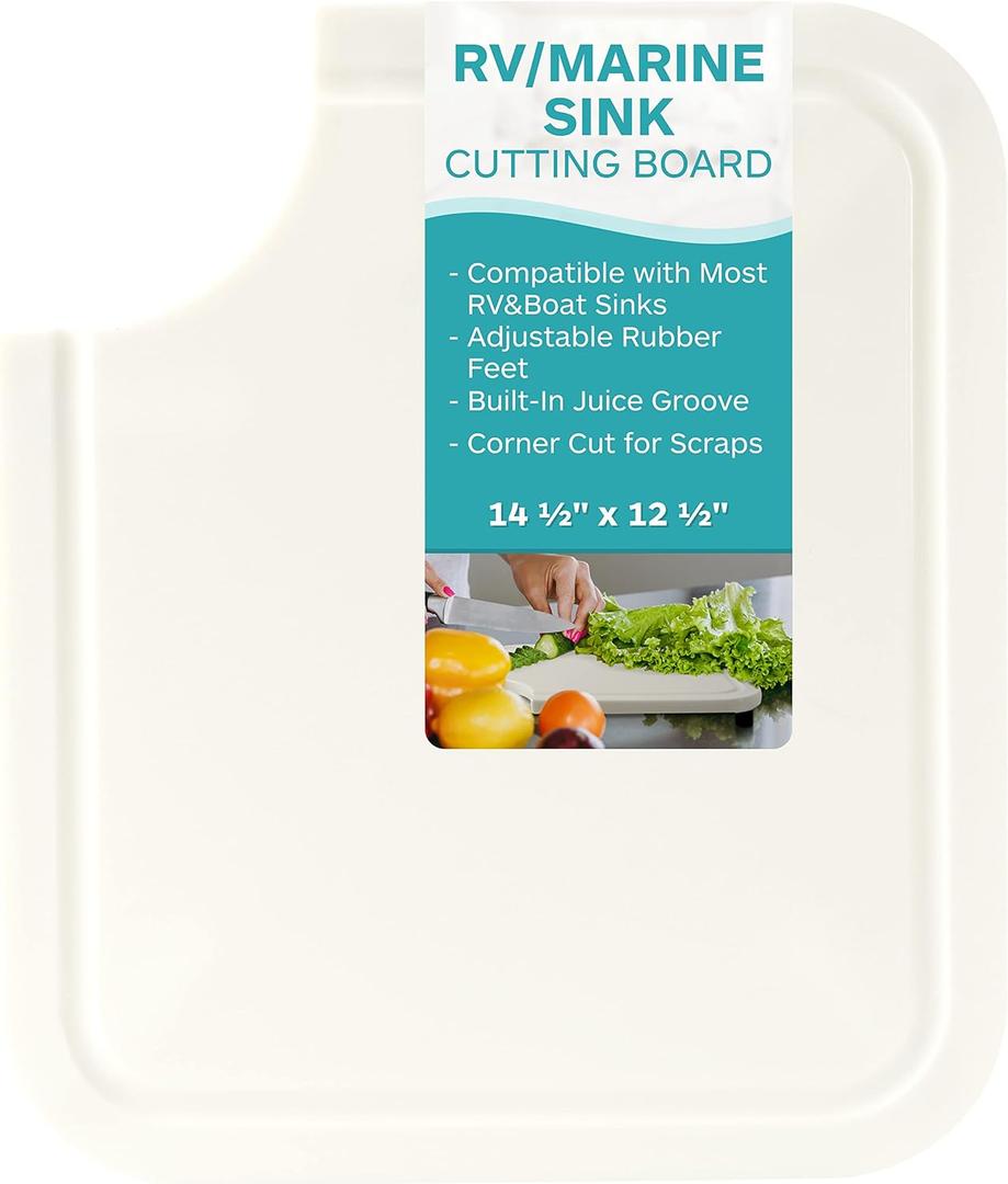 TonGass 14 1/2"x12 1/2"x1/2" RV Sink Cutting Board Compatible with Most RV Boat Kitch Sinks Plastic Chopping Board with Adjustable Rubber Feet Built-In Juice Groove and Corner Cut for Scraps - White