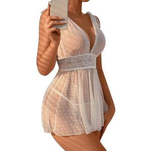 Women's 2 Piece Polka Dots Lace Sheer Mesh V Neck Babydoll Teddy Lingerie Set (White, S)