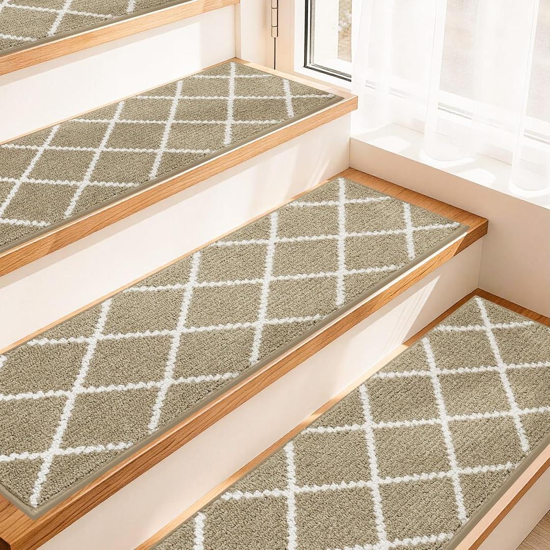 COSY HOMEER Edging Stair Treads Non-Slip Carpet Mat 28inX9in Indoor Stair Runners for Wooden Steps, Stair Rugs for Kids and Dogs, 100% Polyester TPE Backing 15pcs, Beige