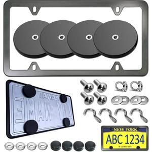 BGGTMO Magnetic License Plate Holder, 4 Pack Strong Neodymium Magnet Mount with Rubber Coating, with Black Aluminum Frame Screws for Metal Car Bumper, for Dealer No Drill Temporary Plate