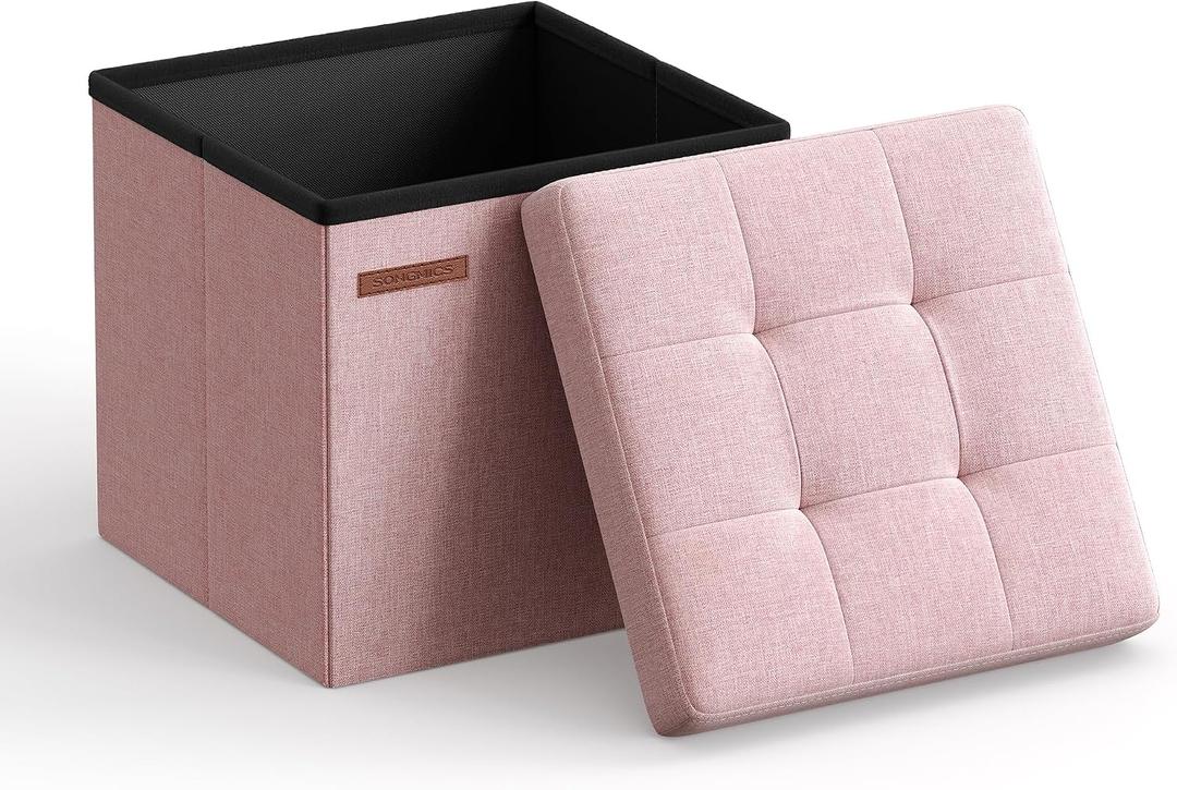 SONGMICS Small Folding Storage Ottoman, 11.8 x 11.8 x 11.8 in, Jelly Pink