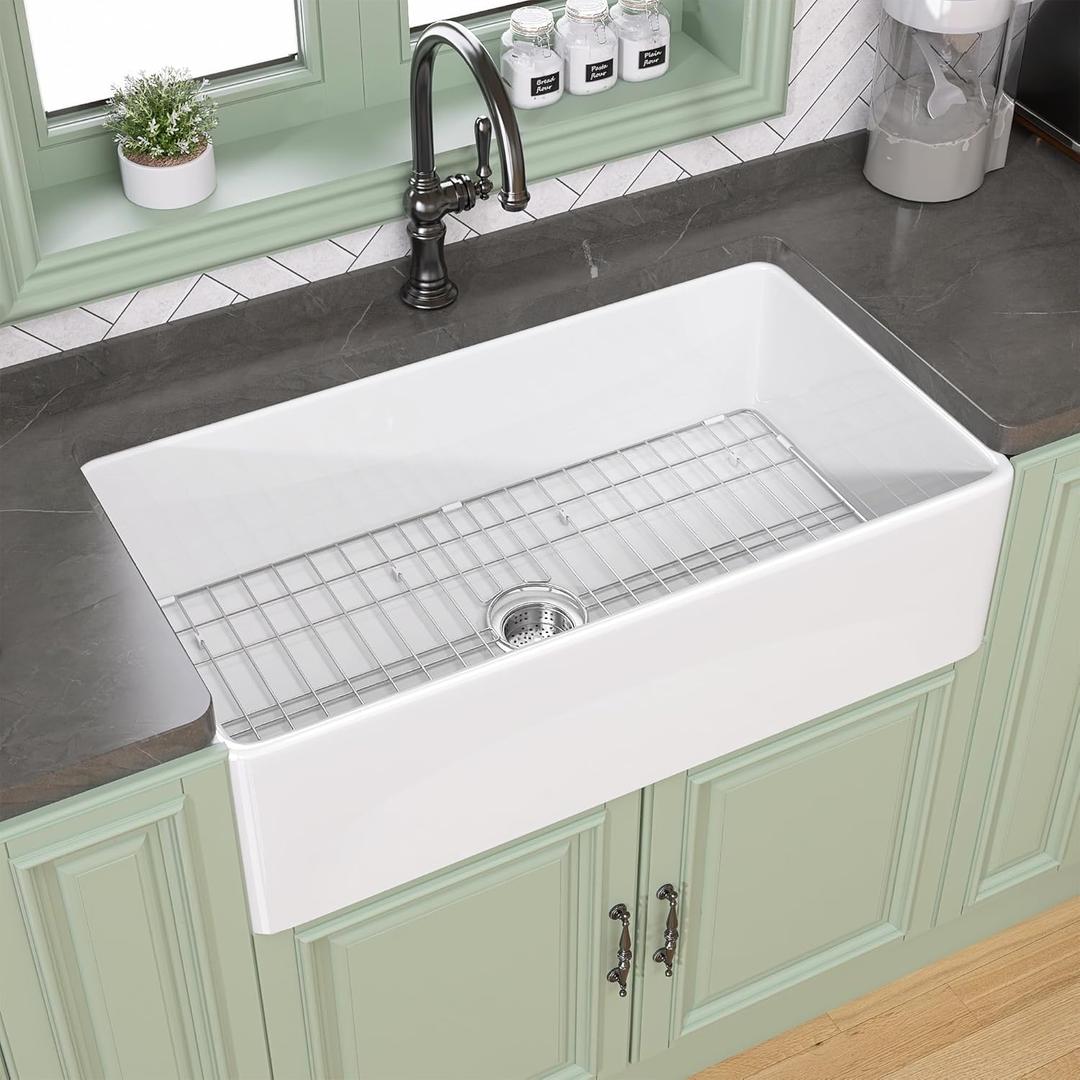 TUKTUK White Farmhouse Sink 30X20 inch Fireclay Farm Sink Apron Undermount Kitchen Sink Single Bowl Extra Wide Large Capacity Drop-in Modern Kitchen Sink with Luxury Bottom Grid & Strainer