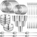 Jinei 42 Pcs 304 Stainless Steel Dinnerware Set 10 Inch 7 Inch Stainless Steel Plates Bowls Cups Forks Spoons and Knives Sets Reusable Metal Camping Dinnerware for Home Outdoor Picnic Kitchen