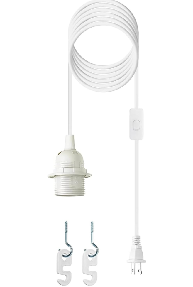 Plug in Light Socket - 16Ft Pendant Light Cord Kit E26/E27 Light Socket Hanging Lantern Lamp Cord with On/Off Switch,Socket Rings, 1 Pack, White