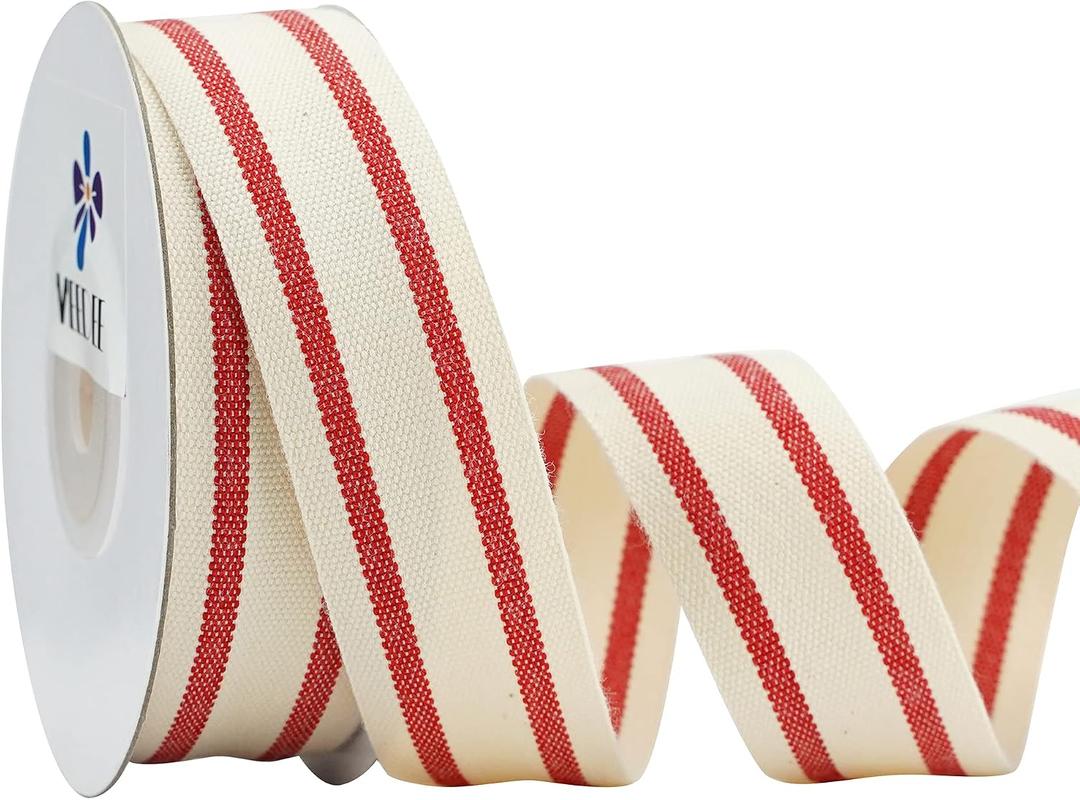 MEEDEE Natural Cotton Stripes Fabric Ribbon 1 inch Red and White Stripe Ribbon for DIY Crafts, Gift Wrapping Home Decor Sewing (10 Yards)