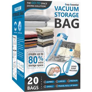Cozy Essential 20 Pack Vacuum Storage Bags, Space Saver Bags (4 Jumbo/4 Large/4 Medium/4 Small/4 Roll) Compression for Comforters and Blankets, Sealer Clothes Storage, Hand Pump Included