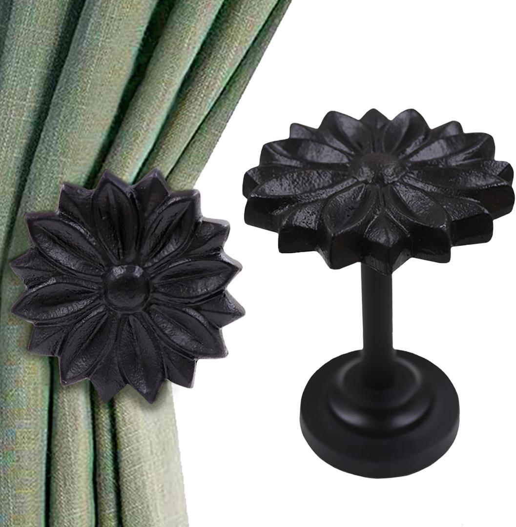The Metal Magician Wall Mounted Floral Curtain Holdbacks (Pack of 2) - Boho Flowery Curtain Holders for Living Room, Bedroom, Office Drapes - Farmhouse Tiebacks for Curtains (Black Blossom)