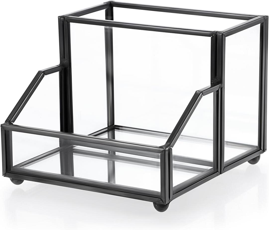 Hipiwe Glass Business Card Holder Stand Metal Pen Pencil Storage Holder for Desk Clear Business Name Card Display Organizer Case for Office Home Desktop,Black