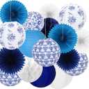 JarThenaAMCS 18Pcs Blue and White Paper Lantern Set 8 Inch Chinoiserie Porcelain Flower Hanging Lantern with 12 Inch Honeycomb Ball Paper Fan for Birthday Wedding Baby Shower Party Decor