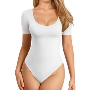 MANGOPOP Long Short Sleeve Bodysuits for Women Scoop Neck Ribbed Body Suit Stretchy Basic T Shirt Tops (Large)