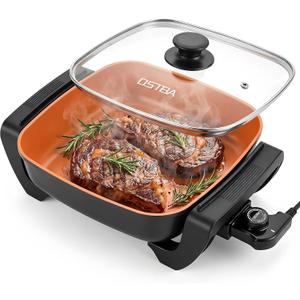 OSTBA 12"x12" Electric Skillet with Glass Lid, 5.2QT Large Nonstick Frying Pan for Family Meals, 1500W Fast Heating, 5-Level Adjustable Temperature Control, PFOA Free, Easy to Clean (Black)