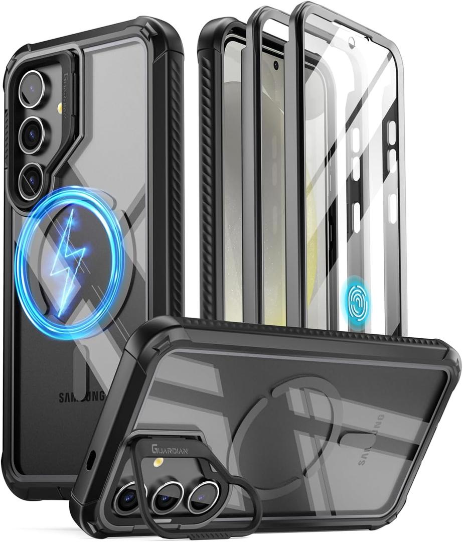 Poetic Guardian Case for Samsung Galaxy S24+ Plus 6.7", [Built-in Camera Stand] [Screen Protector Work with Fingerprint ID] Full Body Shockproof Protective Rugged Clear Cover, Black/Clear