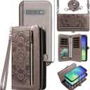 Asuwish Phone Case for Samsung Galaxy S10 Plus Zipper Wallet Detachable Cell Cover with Tempered Glass Screen Protector Crossbody Strap Flower Card Holder S10+ S10plus 10S Edge S 10 10plus Women Gray