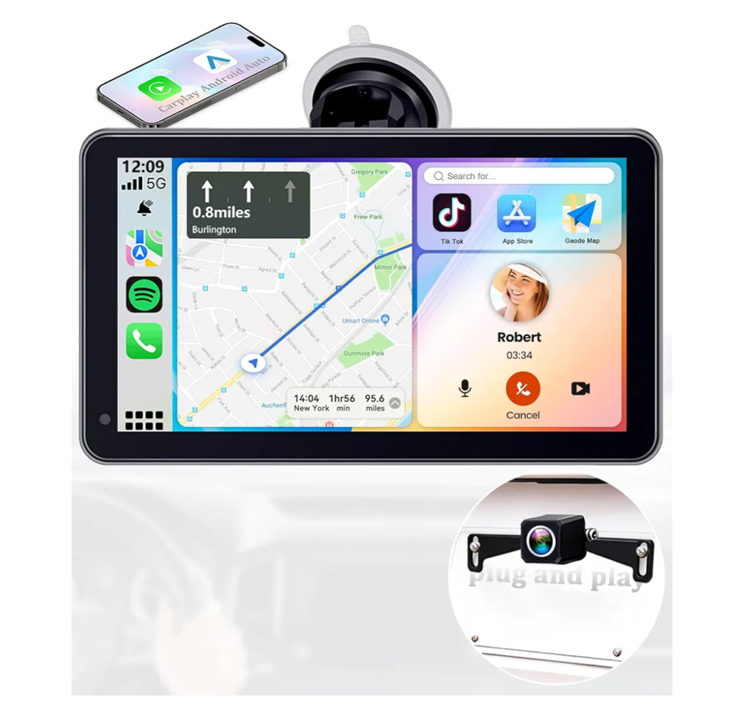 15-Mins Easy Setup Plug-Play Portable Carplay Screen: 7-inch HD 1080P with Backup Camera Supports Both Apple CarPlay & Android Auto - No Dashboard Removal Upgrade for Older Cars