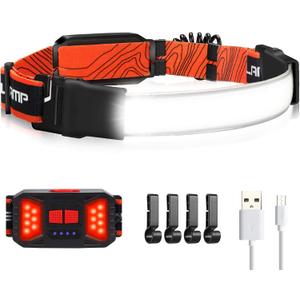 Adelante LED Headlamp Flashlight, 1000LM 230Wide-Beam Rechargeable Head Lamp for Adults, Red Taillight & 4 Clips Waterproof Hard Hat Light Headlamps for Running Hiking and Camping