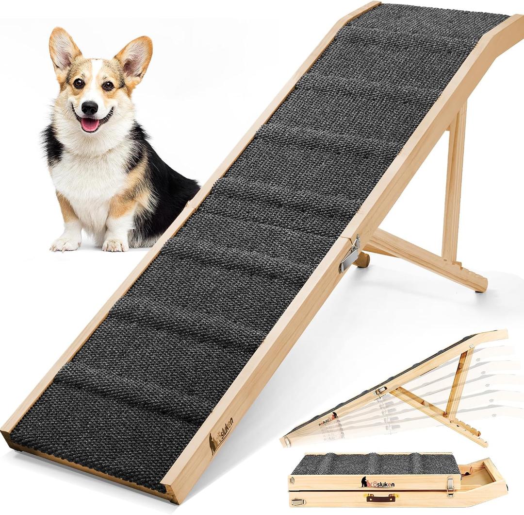 Dog Ramp for Bed, 64" Long Foldable Pet Ramp for Small Large Dogs, Dog Ramps for High Beds Car, High Traction with Platform 6 Adjustable Heights 24" to 30" Up to 220LBS Black