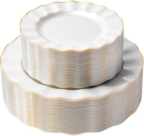 QualQuot 72PCS Pearl White Plastic Plates, Heavy Duty Disposable Party Plates with Gold Rim, 36 Dinner and 36 Dessert for Parties and Wedding