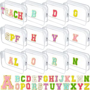 Huhumy 12 Personalized Initial A-z Preppy Patch Clear Makeup Bag Initial Letter Beach Travel Toiletry Cosmetic PVC Bag DIY Chenille Letter Patches Graduation Exchange Gifts(White, Multicolor Letters)