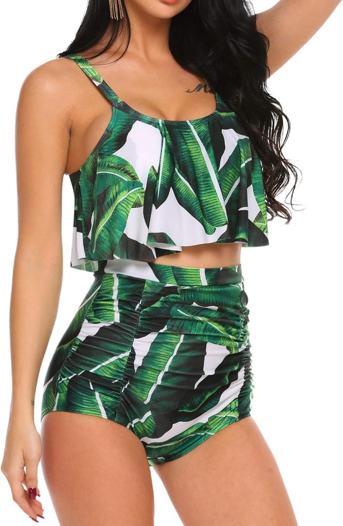 ADOME Women Bikini Set Tummy Control Swimsuit Two Piece High Waist Floral Swimwear Plus Size (Large, Green)