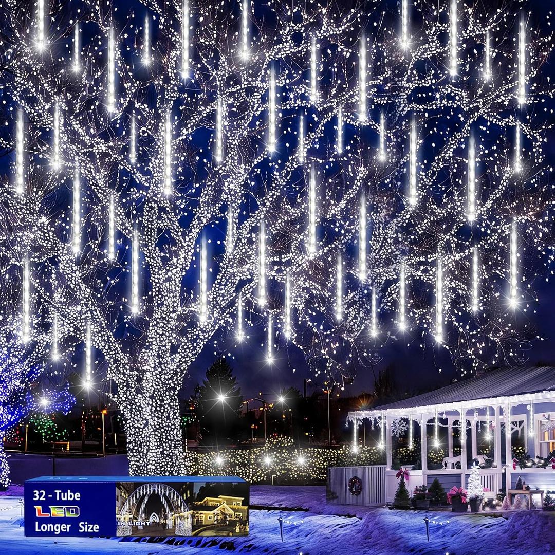 Christmas Decoration Outdoors- 32 Tubes (Equivalent to 4 Sets of 8-Tubes) Meteor Shower Rain Lights, White Falling Rain Lights for Christmas Decor Xmas Tree Halloween Yard Wedding Party, UL Plug