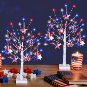 4th of July Decorations, 2 Pack 24 Inch Fourth of July Decorations Patriotic Tree with 8 Wooden Ornaments, USB/Battery Operated Red White Blue Lights Independence Day July 4th Decorations for Home