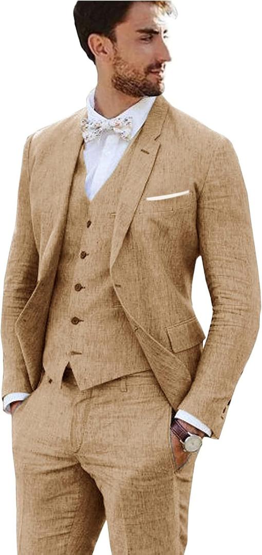 Linen Suit 3 Pieces Vintage Retro Wedding Prom Suits Slim Fit Jacket Blazer Groom Tuxedos (Medium, Khaki)