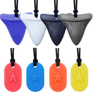 4 x Chew Necklaces for Sensory Kids 8 Pcs Sensory Chewy Toys for Autism Girl and Boy, ADHD Toddler, Adult(4Pcs Shark and 4Pcs Tag Shape)