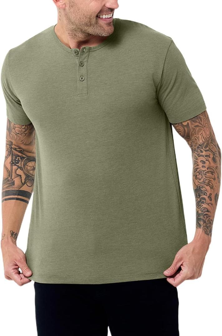 INTO THE AM Henley Shirts for Men - Premium Casual Short Sleeve Fitted Modern Fit T-Shirt, Large