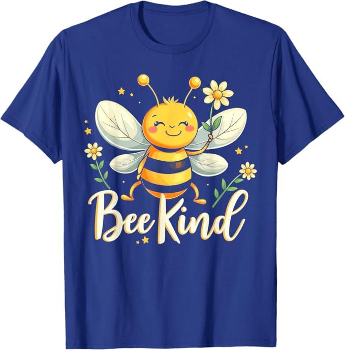 Bee Kind Cute bee with Flower Kindness T-Shirt (Small, Blue)